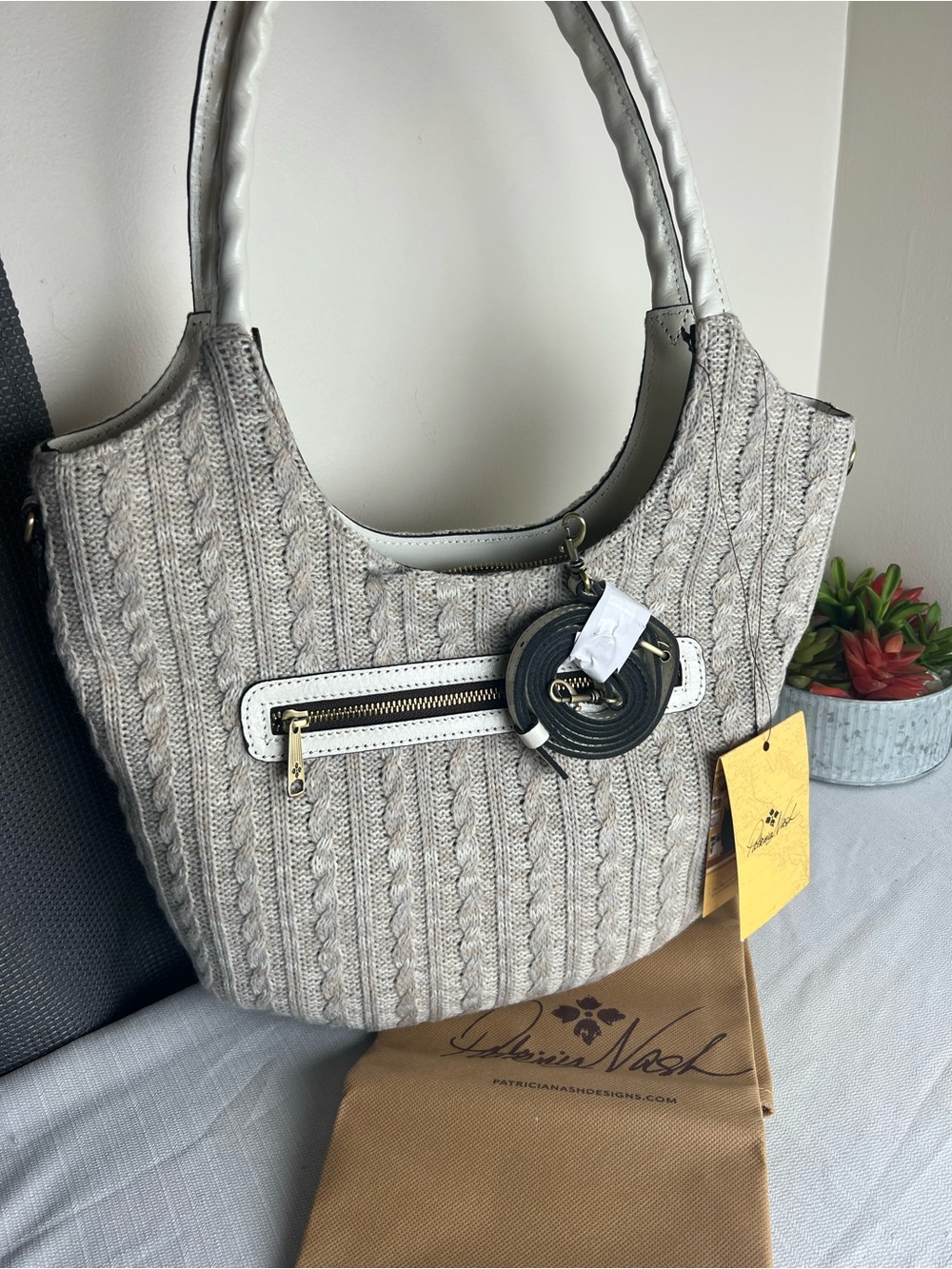 Patricia Nash NWT Beige Cable-Knit Hobo Bag with Dust-Bag and Crossbody Strap